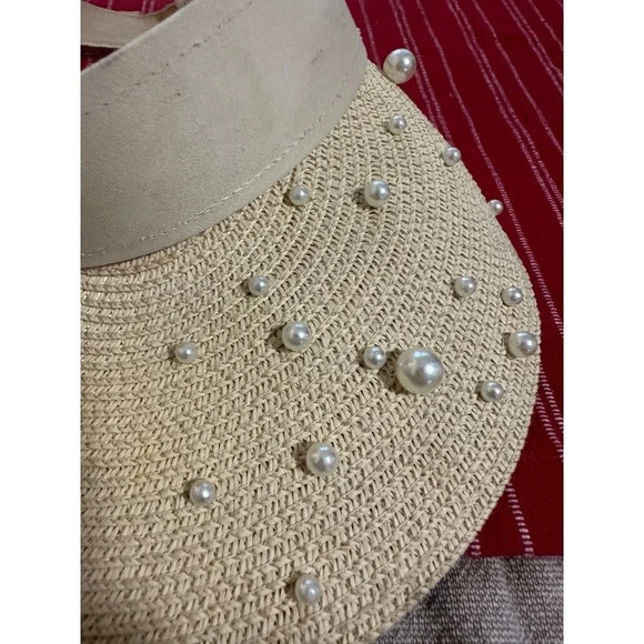 Unisex Y2K Style Pearl decorated Straw Hat Visor - Picture 2 of 7
